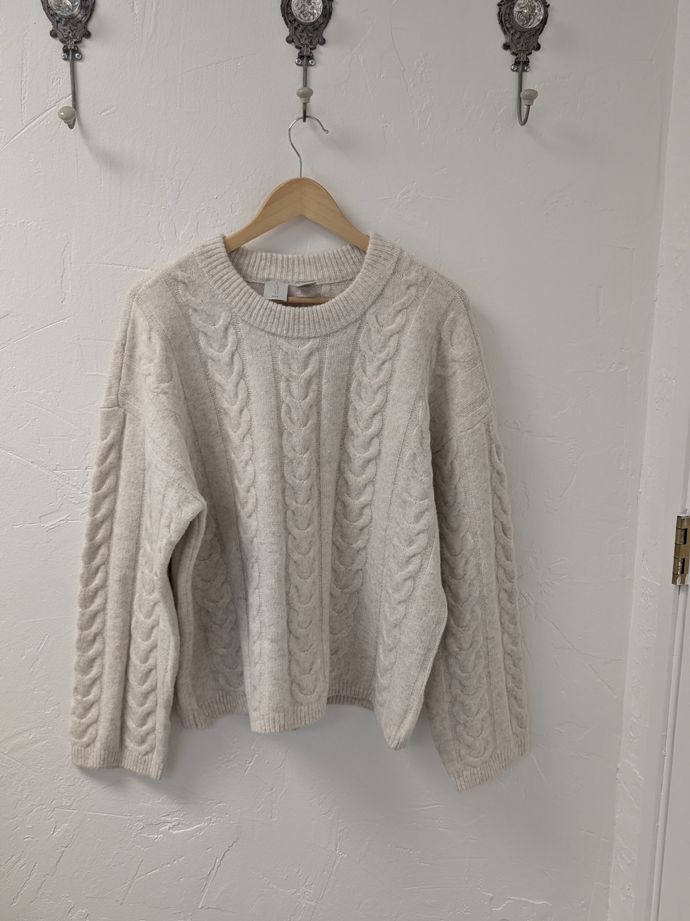 NWT Joie Cable Knit Crewneck Sweater Oatmeal Beige Size L